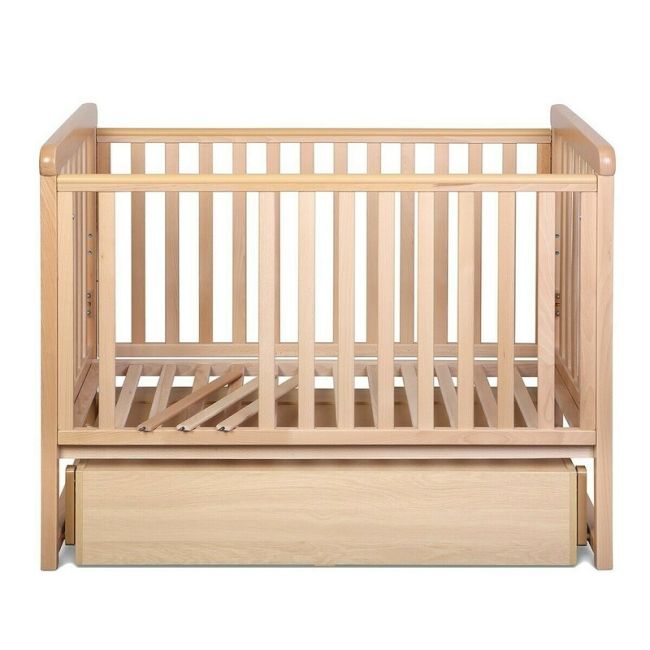Patut cu sistem de leganare, laterala culisanta, sertar YappyMove din lemn de fag, Cu sina speciala pentru dentitie, Suport pentru saltea reglabil, YappyKids, 120x60 cm, Natur BYNYappyMove_natural