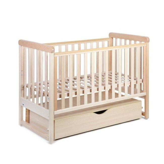 Patut cu sistem de leganare, laterala culisanta, sertar YappyMove din lemn de fag, Cu sina speciala pentru dentitie, Suport pentru saltea reglabil, YappyKids, 120x60 cm, Natur BYNYappyMove_natural