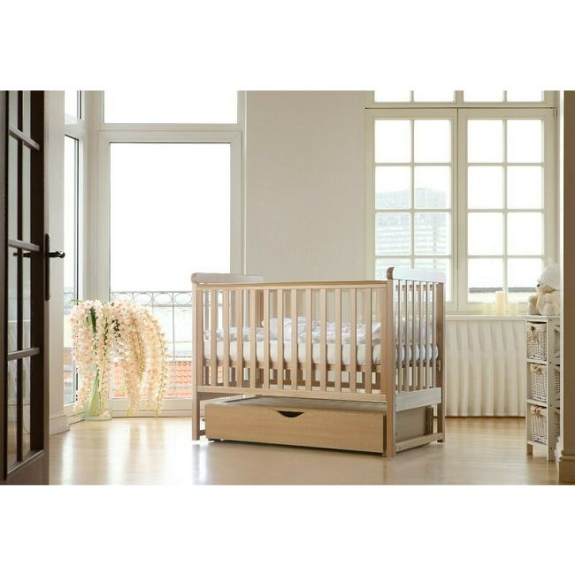 Patut cu sistem de leganare, laterala culisanta, sertar YappyMove din lemn de fag, Cu sina speciala pentru dentitie, Suport pentru saltea reglabil, YappyKids, 120x60 cm, Natur BYNYappyMove_natural
