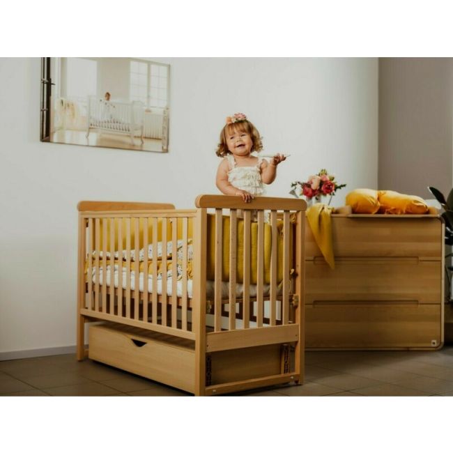 Patut cu sistem de leganare, laterala culisanta, sertar YappyMove din lemn de fag, Cu sina speciala pentru dentitie, Suport pentru saltea reglabil, YappyKids, 120x60 cm, Natur BYNYappyMove_natural