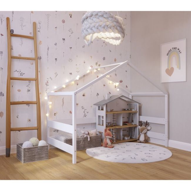 Patut tip casuta YappyHytte Bed din lemn certificat FSC, Transformabil in casuta de joaca, Cu bariera de protectie, In stil scandinav, Yappy Kids, 160x80 cm, Alb BYNYappyHytte_white