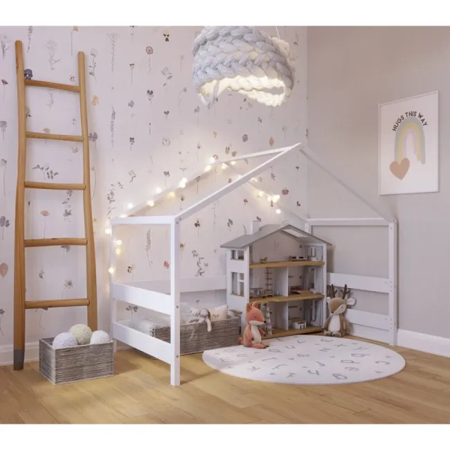 Patut tip casuta YappyHytte Bed din lemn certificat FSC, Transformabil in casuta de joaca, Cu bariera de protectie, In stil scandinav, Yappy Kids, 160x80 cm, Alb BYNYappyHytte_white