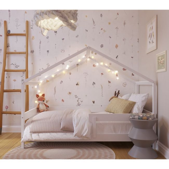 Patut tip casuta YappyHytte Bed din lemn certificat FSC, Transformabil in casuta de joaca, Cu bariera de protectie, In stil scandinav, Yappy Kids, 160x80 cm, Alb BYNYappyHytte_white