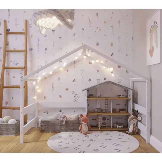 Patut tip casuta YappyHytte Bed din lemn certificat FSC, Transformabil in casuta de joaca, Cu bariera de protectie, In stil scandinav, Yappy Kids, 160x80 cm, Alb BYNYappyHytte_white