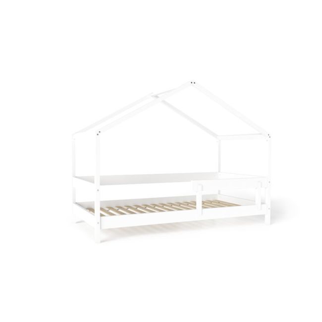 Patut tip casuta YappyHytte Bed din lemn certificat FSC, Transformabil in casuta de joaca, Cu bariera de protectie, In stil scandinav, Yappy Kids, 160x80 cm, Alb BYNYappyHytte_white