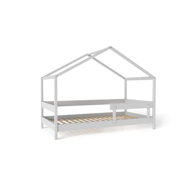 Patut tip casuta YappyHytte Bed din lemn certificat FSC, Transformabil in casuta de joaca, Cu bariera de protectie, In stil scandinav, Yappy Kids, 160x80 cm, Gri BYNYappyHytte_grey
