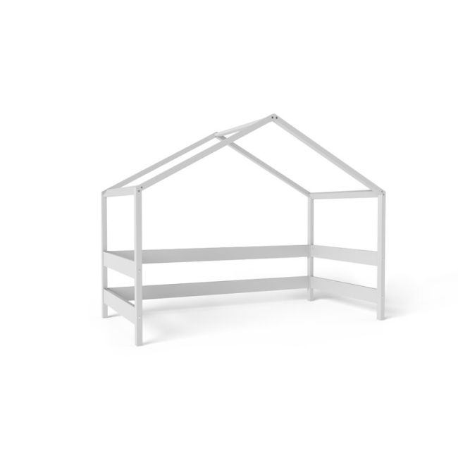 Patut tip casuta YappyHytte Bed din lemn certificat FSC, Transformabil in casuta de joaca, Cu bariera de protectie, In stil scandinav, Yappy Kids, 160x80 cm, Gri BYNYappyHytte_grey