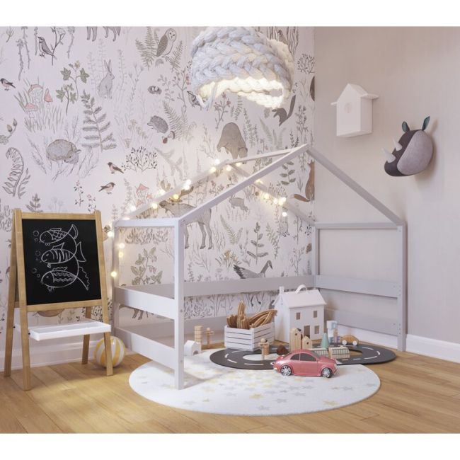 Patut tip casuta YappyHytte Bed din lemn certificat FSC, Transformabil in casuta de joaca, Cu bariera de protectie, In stil scandinav, Yappy Kids, 160x80 cm, Gri BYNYappyHytte_grey