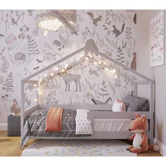 Patut tip casuta YappyHytte Bed din lemn certificat FSC, Transformabil in casuta de joaca, Cu bariera de protectie, In stil scandinav, Yappy Kids, 160x80 cm, Gri BYNYappyHytte_grey