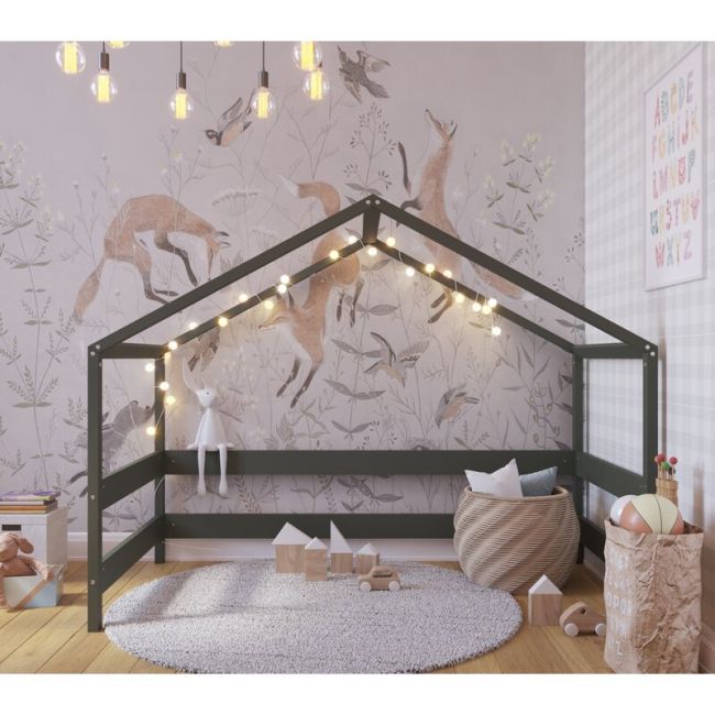 Patut tip casuta YappyHytte Bed din lemn certificat FSC, Transformabil in casuta de joaca, Cu bariera de protectie, In stil scandinav, Yappy Kids, 160x80 cm, Verde BYNYappyHytte_green