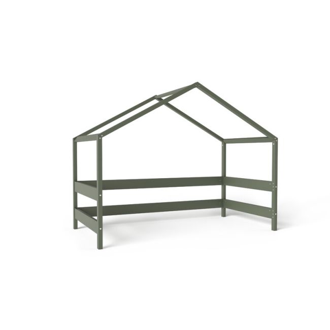 Patut tip casuta YappyHytte Bed din lemn certificat FSC, Transformabil in casuta de joaca, Cu bariera de protectie, In stil scandinav, Yappy Kids, 160x80 cm, Verde BYNYappyHytte_green