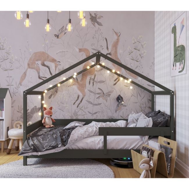 Patut tip casuta YappyHytte Bed din lemn certificat FSC, Transformabil in casuta de joaca, Cu bariera de protectie, In stil scandinav, Yappy Kids, 160x80 cm, Verde BYNYappyHytte_green