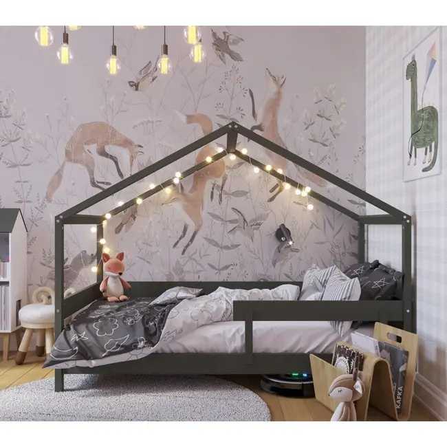 Patut tip casuta YappyHytte Bed din lemn certificat FSC, Transformabil in casuta de joaca, Cu bariera de protectie, In stil scandinav, Yappy Kids, 160x80 cm, Verde BYNYappyHytte_green