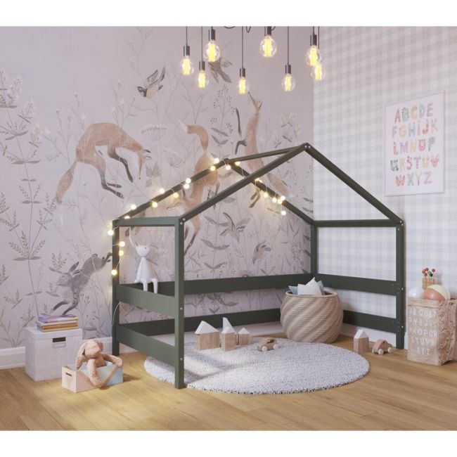 Patut tip casuta YappyHytte Bed din lemn certificat FSC, Transformabil in casuta de joaca, Cu bariera de protectie, In stil scandinav, Yappy Kids, 160x80 cm, Verde BYNYappyHytte_green