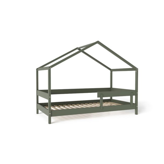 Patut tip casuta YappyHytte Bed din lemn certificat FSC, Transformabil in casuta de joaca, Cu bariera de protectie, In stil scandinav, Yappy Kids, 160x80 cm, Verde BYNYappyHytte_green