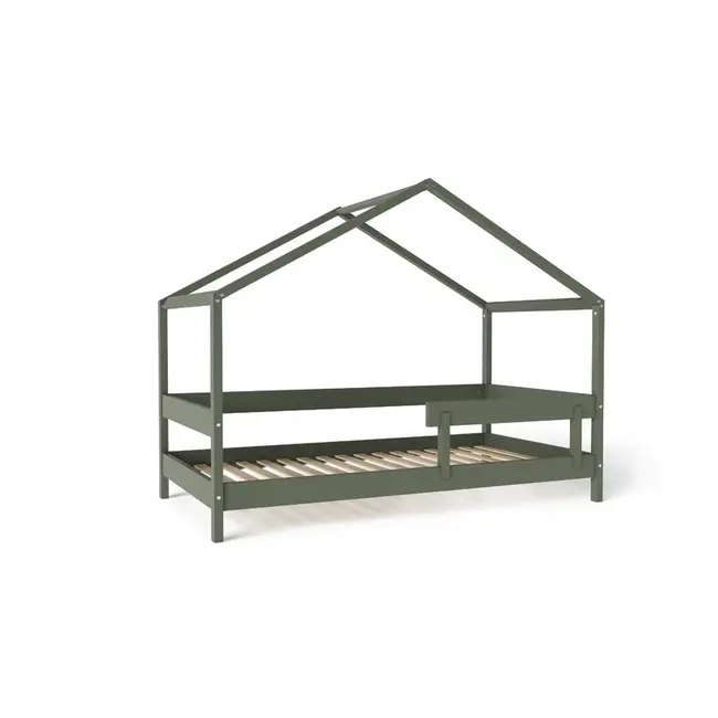 Patut tip casuta YappyHytte Bed din lemn certificat FSC, Transformabil in casuta de joaca, Cu bariera de protectie, In stil scandinav, Yappy Kids, 160x80 cm, Verde BYNYappyHytte_green