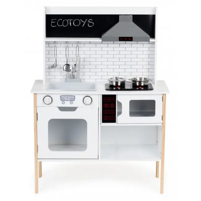 Bucatarie din lemn cu sunete, accesorii si led-uri ecotoys plk537 edeediplk537