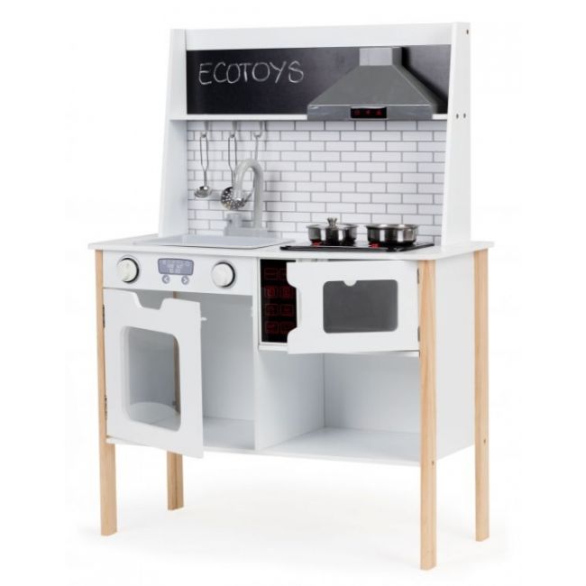 Bucatarie din lemn cu sunete, accesorii si led-uri ecotoys plk537 edeediplk537