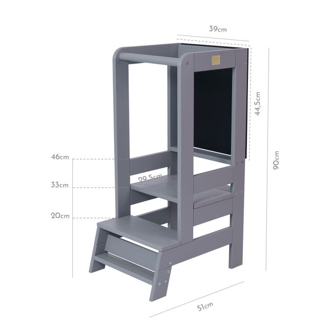 Inaltator Learning Tower Ajustabil Cu Tabla De Scris, Ajutor De Bucatarie Meowbaby  , Lemn Gri Inchis Pjbkh02012scie