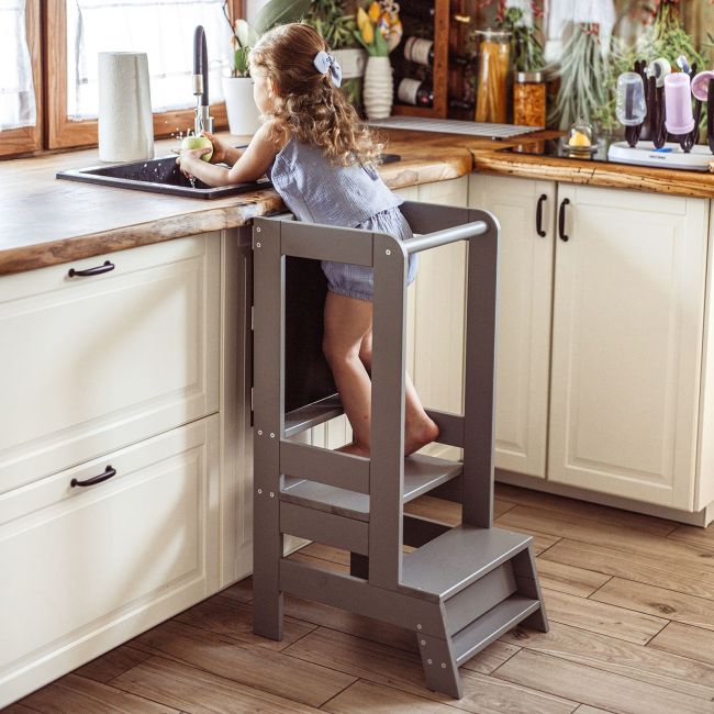 Inaltator Learning Tower Ajustabil Cu Tabla De Scris, Ajutor De Bucatarie Meowbaby  , Lemn Gri Inchis Pjbkh02012scie
