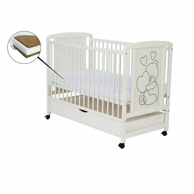 Qmini - Patut din lemn Timmi Heart 120x60 cm, Cu sertar, Cu roti, Din lemn de pin, MDF, Somiera reglabila, Alb + Saltea 12 cm BYNQMTIMH12CM02AL