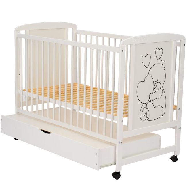 Qmini - Patut din lemn Timmi Heart 120x60 cm, Cu sertar, Cu roti, Din lemn de pin, MDF, Somiera reglabila, Alb + Saltea 12 cm BYNQMTIMH12CM02AL