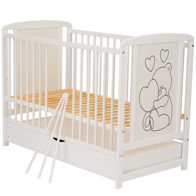 Qmini - Patut din lemn Timmi Heart 120x60 cm, Cu sertar, Cu roti, Din lemn de pin, MDF, Somiera reglabila, Alb + Saltea 12 cm BYNQMTIMH12CM02AL