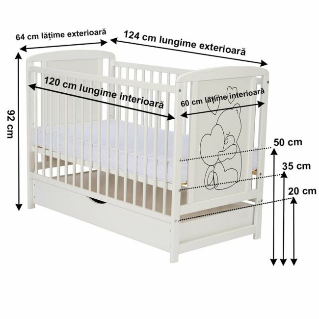 Qmini - Patut din lemn Timmi Heart 120x60 cm, Cu sertar, Cu roti, Din lemn de pin, MDF, Somiera reglabila, Alb + Saltea 12 cm BYNQMTIMH12CM02AL