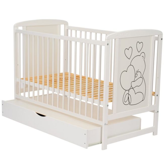 Qmini - Patut din lemn Timmi Heart 120x60 cm, Cu sertar, Cu roti, Din lemn de pin, MDF, Somiera reglabila, Alb + Saltea 12 cm BYNQMTIMH12CM02AL