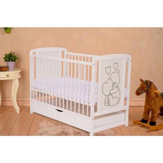 Qmini - Patut din lemn Timmi Heart 120x60 cm, Cu sertar, Cu roti, Din lemn de pin, MDF, Somiera reglabila, Alb + Saltea 12 cm BYNQMTIMH12CM02AL