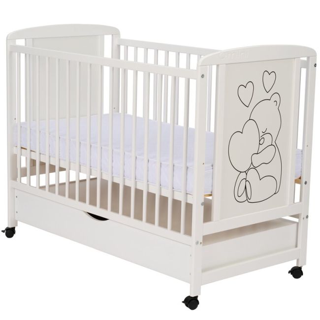 Qmini - Patut din lemn Timmi Heart 120x60 cm, Cu sertar, Cu roti, Din lemn de pin, MDF, Somiera reglabila, Alb + Saltea 12 cm BYNQMTIMH12CM02AL