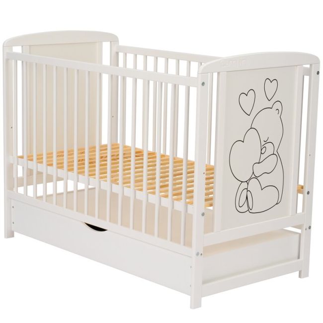 Qmini - Patut din lemn Timmi Heart 120x60 cm, Cu sertar, Cu roti, Din lemn de pin, MDF, Somiera reglabila, Alb + Saltea 12 cm BYNQMTIMH12CM02AL