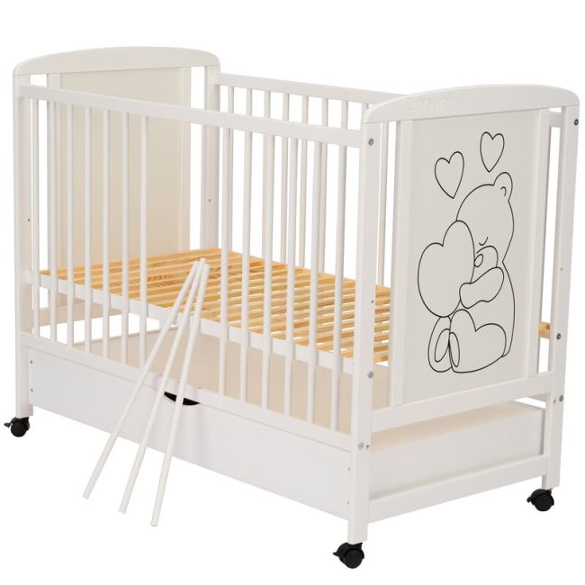 Qmini - Patut din lemn Timmi Heart 120x60 cm, Cu sertar, Cu roti, Din lemn de pin, MDF, Somiera reglabila, Alb + Saltea 12 cm BYNQMTIMH12CM02AL