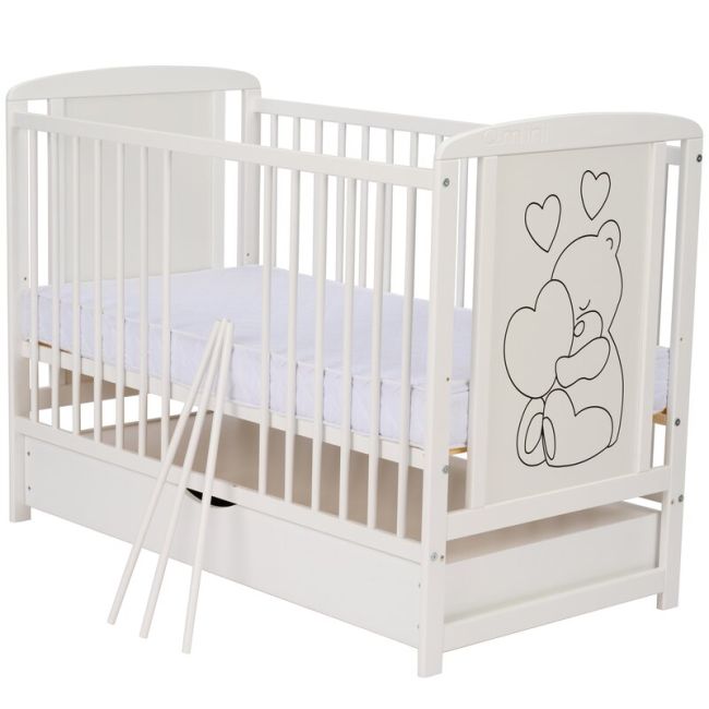 Qmini - Patut din lemn Timmi Heart 120x60 cm, Cu sertar, Cu roti, Din lemn de pin, MDF, Somiera reglabila, Alb + Saltea 12 cm BYNQMTIMH12CM02AL