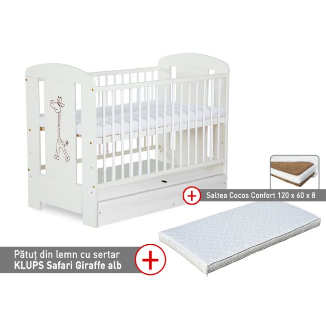Patut cu sertar KLUPS Safari Giraffe Alb + Saltea 8 Confort II 00009572