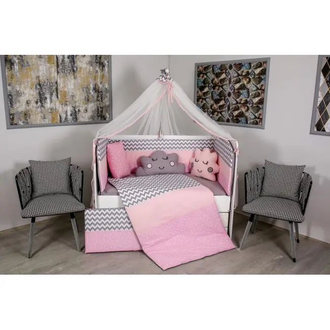Lenjerie MyKids 10 piese Cloud gri-roz fara baldachin 120x60 cm 00081638