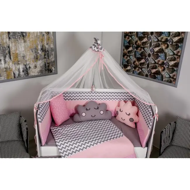 Lenjerie MyKids 10 piese Cloud gri-roz fara baldachin 120x60 cm 00081638