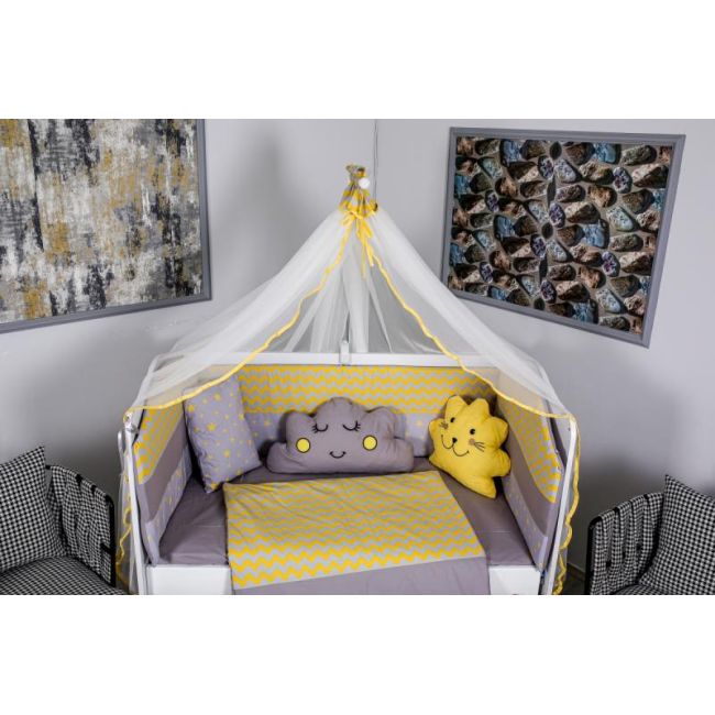 Lenjerie MyKids 10 piese Cloud gri-galben fara baldachin 120x60 cm 00081640