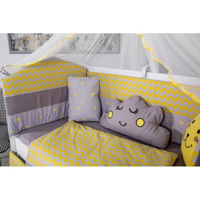 Lenjerie MyKids 10 piese Cloud gri-galben fara baldachin 120x60 cm 00081640