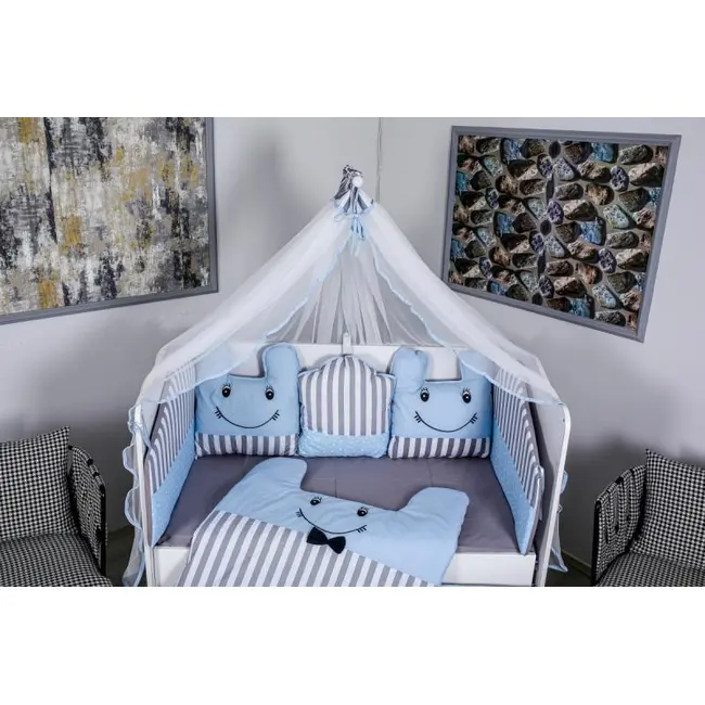 Lenjerie MyKids 11piese Figures gri-albastru cu  baldachin 120x60 cm 00081646