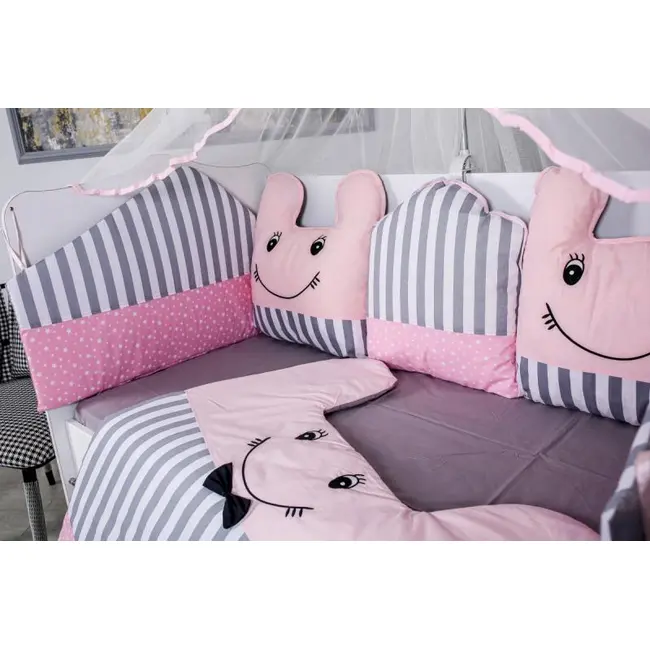 Lenjerie MyKids 11 piese Figures gri-roz  cu baldachin 120x60 cm 00081647