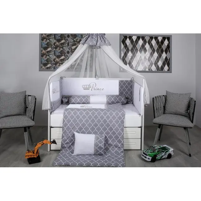 Lenjerie MyKids 10 piese King gri-alb cu baldachin 120x60 cm 00081649