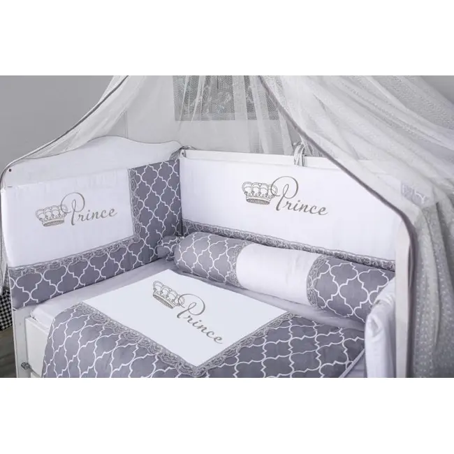 Lenjerie MyKids 10 piese King gri-alb cu baldachin 120x60 cm 00081649