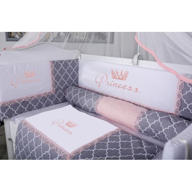 Lenjerie MyKids 10 piese Queen gri-roz cu baldachin 120x60 cm 00081650