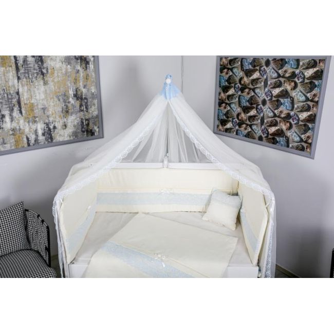 Lenjerie MyKids 11 piese Cream albastru cu baldachin 120x60 cm 00081642
