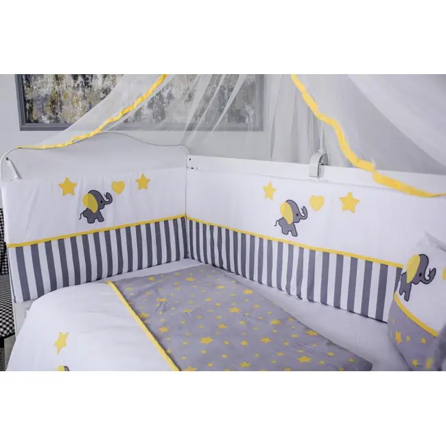 Lenjerie MyKids 11 piese Elephant gri-galben cu baldachin 120x60 cm 00081658