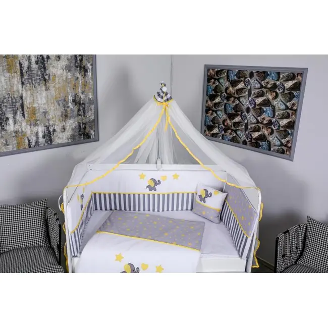 Lenjerie MyKids 11 piese Elephant gri-galben cu baldachin 120x60 cm 00081658
