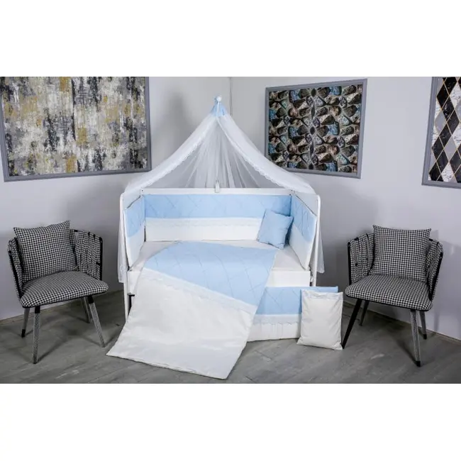 Lenjerie MyKids 11 piese Squars alb-albastru cu baldachin 120x60 cm 00081651