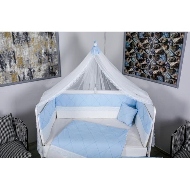 Lenjerie MyKids 11 piese Squars alb-albastru cu baldachin 120x60 cm 00081651