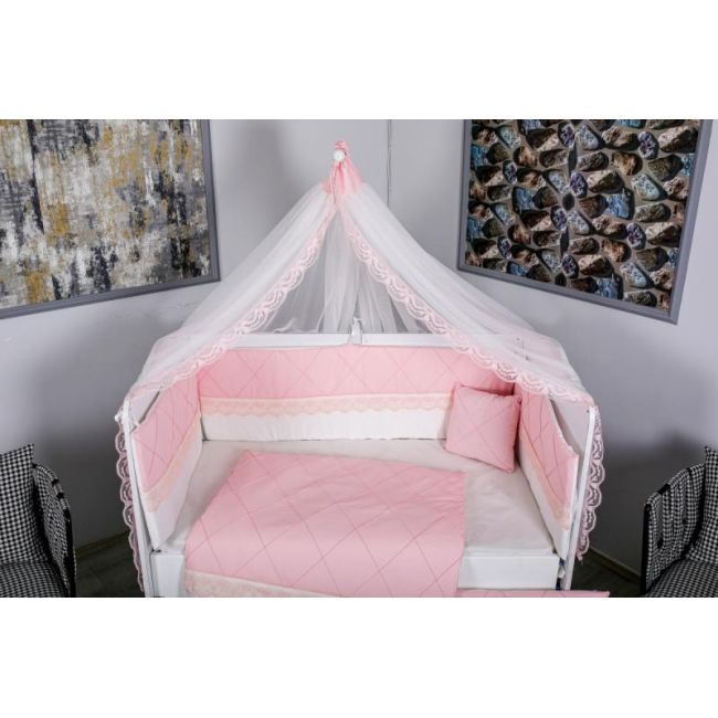 Lenjerie MyKids 11 piese Squars alb-roz cu baldachin 120x60 cm 00081652